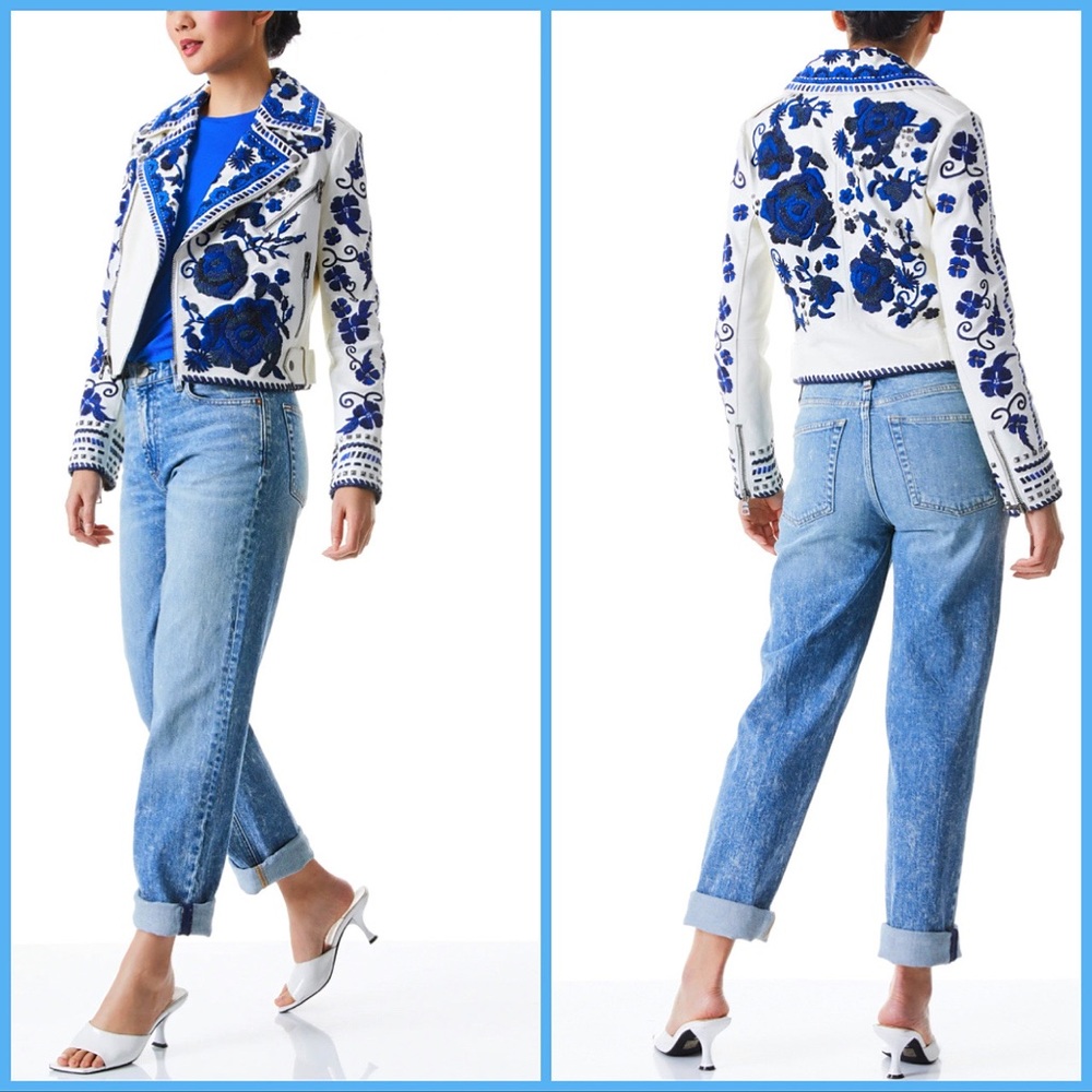 Alice + Olivia Cody Embroidered Floral Studded Embellished Leather Moto Jacket - Picture 16 of 17